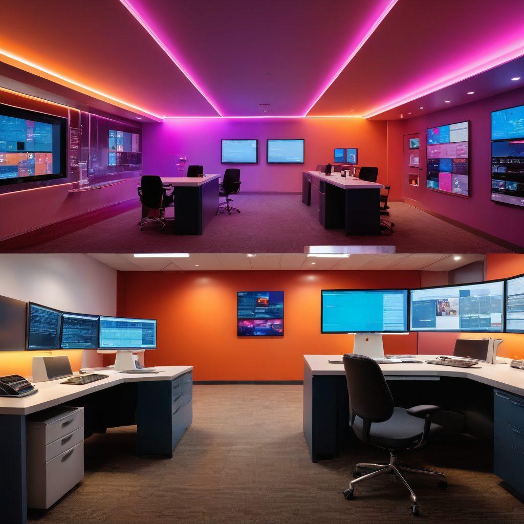 A split-screen image showing a sleek adult entertainment studio on one side with modern lighting and vibrant colors, and a clinical, clean medical invoicing office on the other side with paperwork and computers. In the center, an abstract bridge symbolizes the connection between the two worlds, adorned with icons representing both industries. The overall tone is surprising and engaging. surrealistic. vibrant colors.